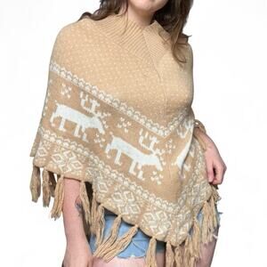 Vintage Y2K Steve Madden Reindeer Holiday Pattern Fringe Poncho Wool Blend